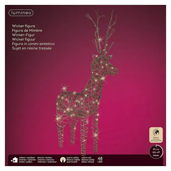 Figura decorativa LED ciervo - Para exterior, Metal, Altura: 69 cm - Figura decorativa de reno de mimbre con LED blanco cálido, apta para uso interior y exterior.