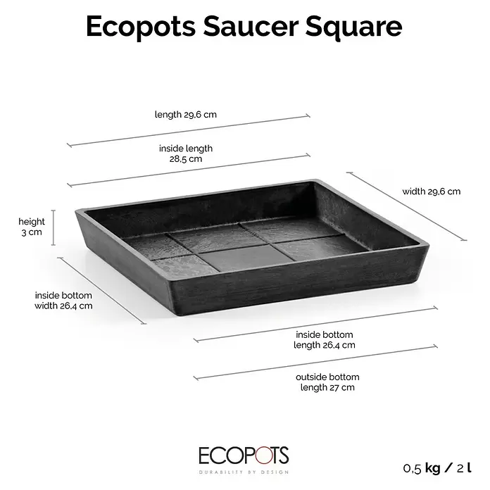 Ecopots Rotterdam Kasten-Untersetzer - 28,5 x 26,4 x 3 cm, Kunststoff, Dunkelgrau - Dunkelgrauer quadratischer Ecopots Untersetzer, 29,6 cm Länge/Breite, 3 cm Höhe.