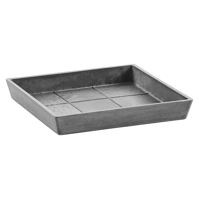 Ecopots Rotterdam Kasten-Untersetzer - 28,5 x 26,4 x 3 cm, Kunststoff, Grau - Anthrazitfarbenes rechteckiges Tablett mit internem Gittermuster.