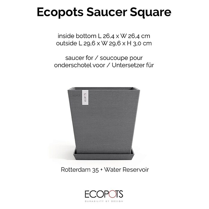 Ecopots Rotterdam Kasten-Untersetzer (29,6 x 29,6 x 3 cm, Kunststoff, Grau) | BAUHAUS