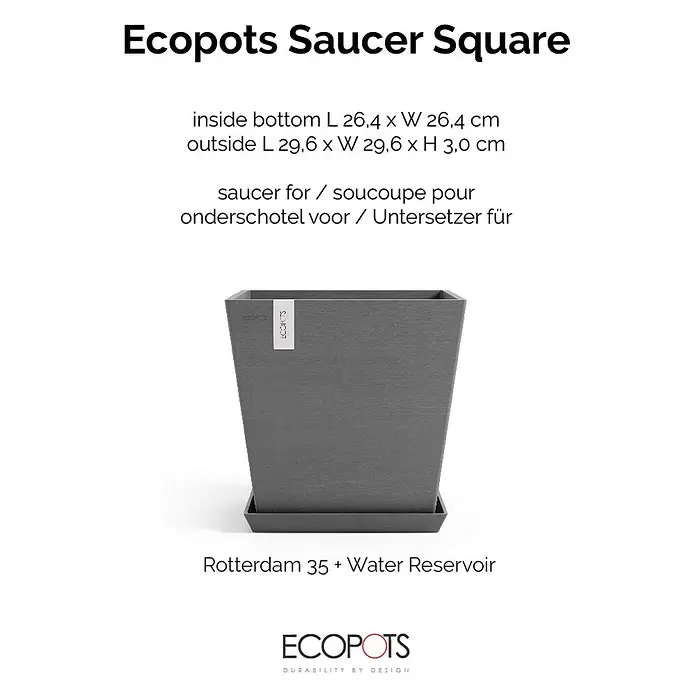 Ecopots Rotterdam Kasten-Untersetzer - 28,5 x 26,4 x 3 cm, Kunststoff, Grau - Dunkelgrauer Ecopots Untersetzer Quadrat für Pflanzgefäße, gezeigt mit passendem Rotterdam 35 Pflanztopf.