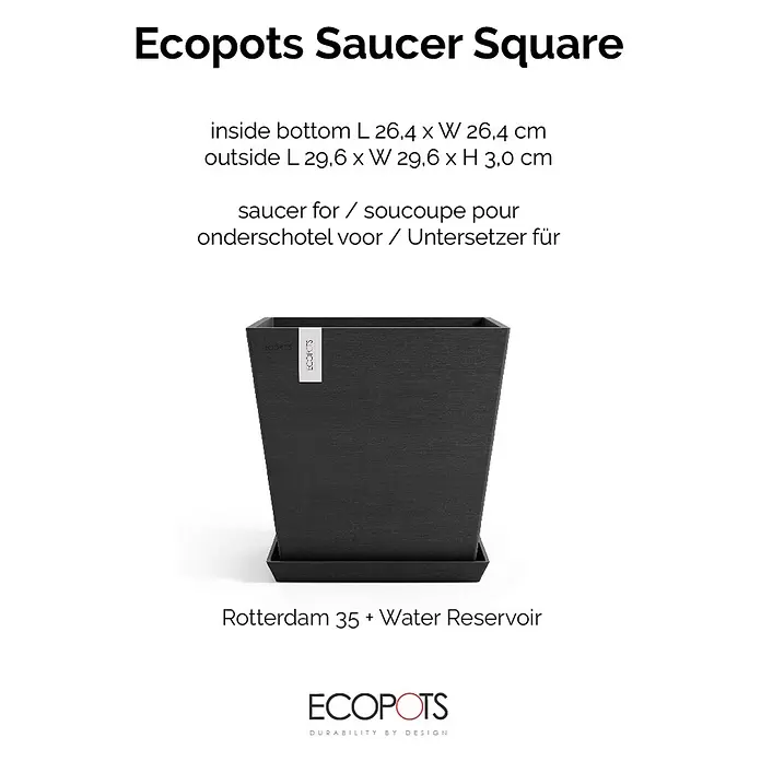 Ecopots Rotterdam Kasten-Untersetzer - 28,5 x 26,4 x 3 cm, Kunststoff, Dunkelgrau - Dunkelgrauer, strukturierter, quadratischer Ecopots Untersetzer für Blumentöpfe.
