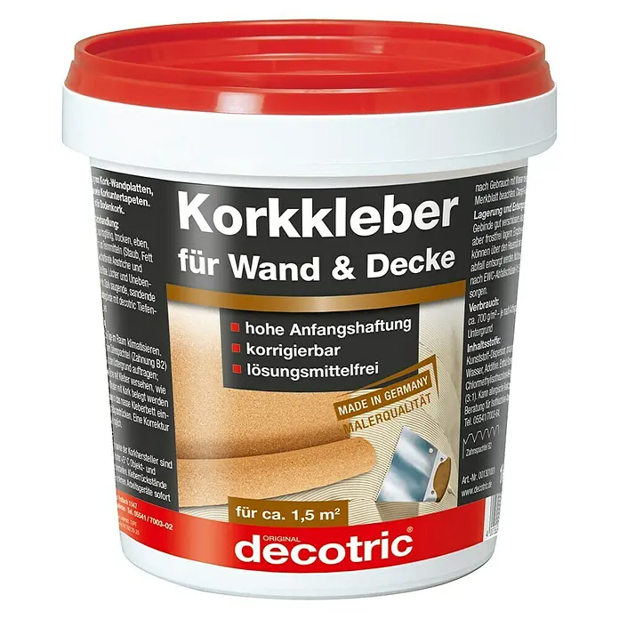 Decotric Korkkleber für Wand & Decke - 1 kg, Lösemittelfrei - Dose Korkkleber für Wand & Decke von Decotric, geeignet für ca. 1,5 m², mit hoher Anfangshaftung, korrigierbar und lösungsmittelfrei.