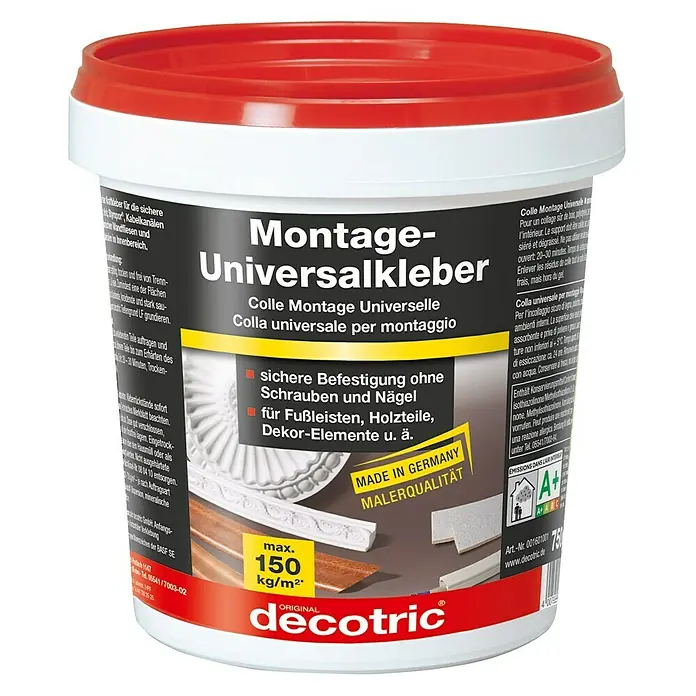 Decotric Montagekleber - 750 g, Dose - Montage-Universalkleber von Decotric: Sichere Befestigung ohne Schrauben und Nägel für Fußleisten, Holzteile und Dekorelemente.
