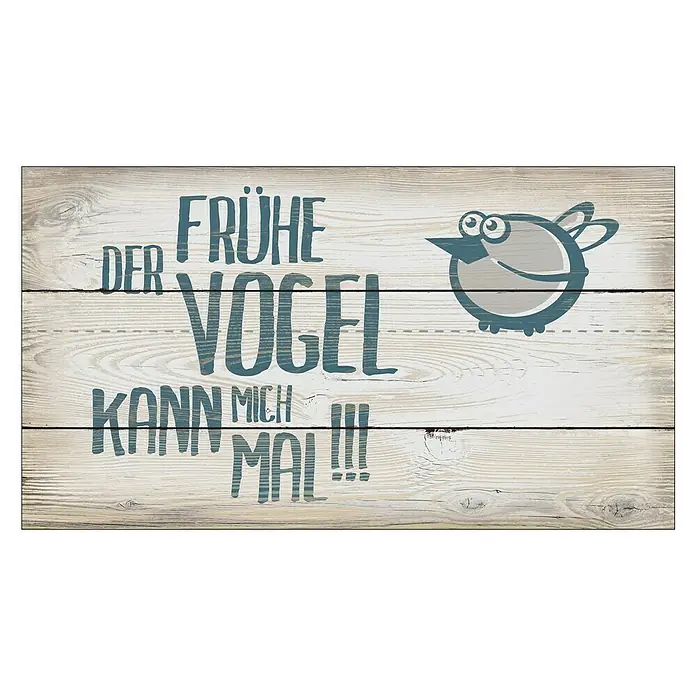 ProArt Type Hype Decopanel - Der frühe Vogel ..., B x H: 30 x 15 cm - Holzschild mit der Aufschrift "Der frühe Vogel kann mich mal!!!" und einer Vogelillustration in blau.