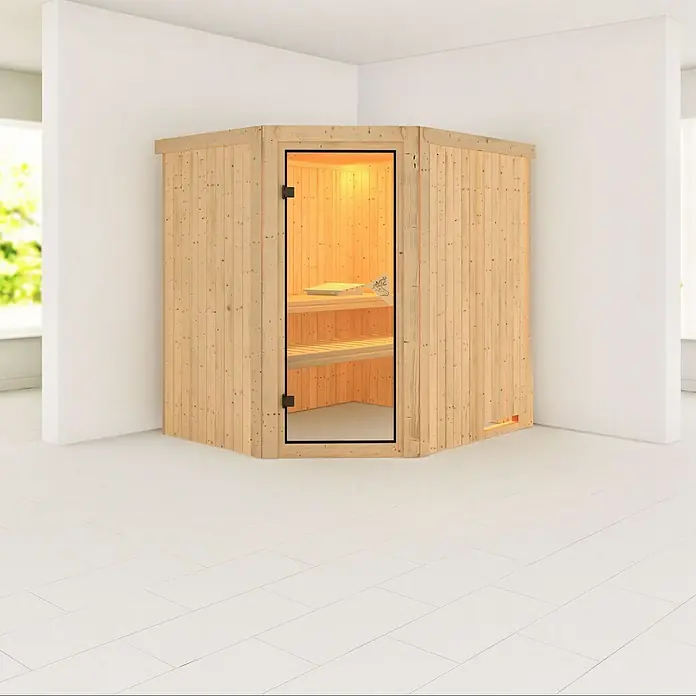 Karibu Elementsauna Siirin - Ohne Ofen, Ohne Dachkranz, Materialspezifizierung Tür: Ganzglas Bronze, L x B x H: 196 x 170 x 192 cm - Innenaufnahme einer Ecksauna aus Holz mit Glastür und Bänken. Die Sauna steht in einem Raum mit weißen Wänden und Fliesenboden.