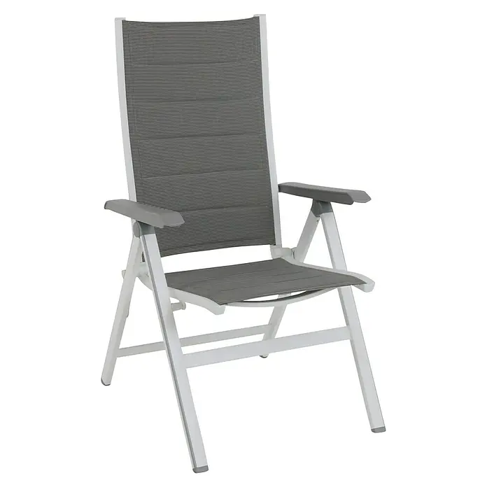 MWH Sillón de posiciones Futosa - 62 x 67,5 x 111 cm, Gris/Blanco, Aluminio/Textiline, Respaldo regulable - Una silla de jardín gris, reclinable y con respaldo alto, con reposabrazos y estructura blanca. Ideal para relajarse al aire libre.