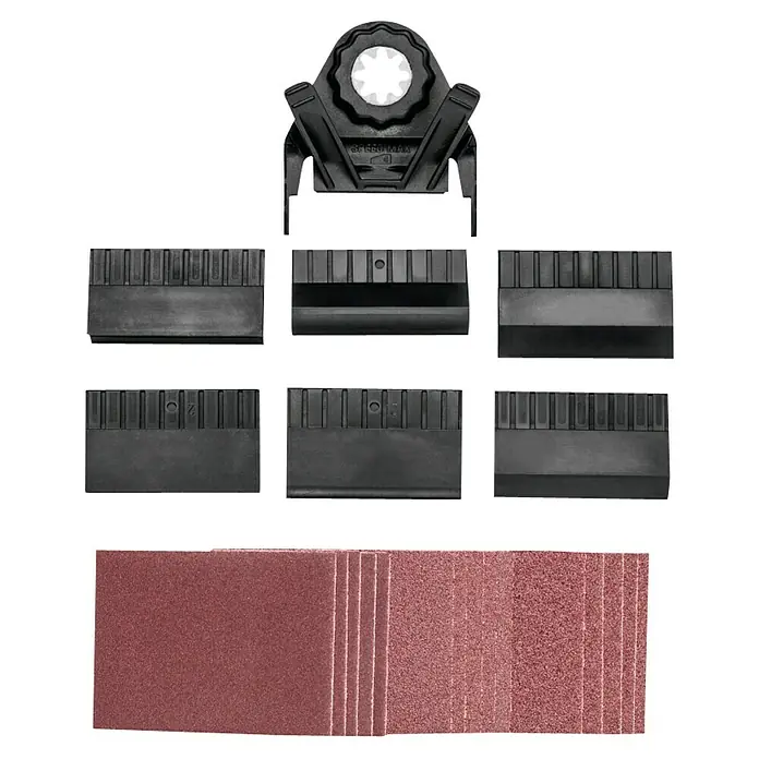 Fein Starlock Plus Set de lijado de perfiles - 22 pzs. - La imagen muestra un juego de papel de lija, varias inserciones de cuchillas y un soporte para una herramienta de esmerilado. Ideal para trabajos de precisión.