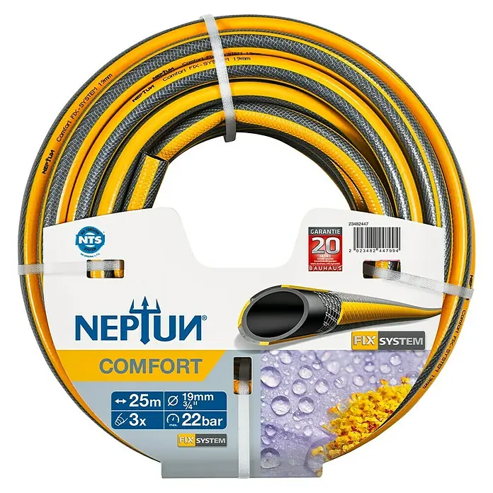 Neptun Comfort Gartenschlauch NTS - Länge: 25 m, Schlauchdurchmesser: 19 mm - Das Bild zeigt einen gelben und grauen Neptun Comfort Gartenschlauch mit einer Länge von 25 Metern und einem Durchmesser von 19 mm.