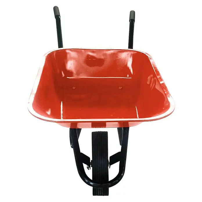 Bauschubkarre - Fassungsvermögen: 85 l, Traglast: 180 kg, Stahl, Rot - Rote Schubkarre mit schwarzem Rahmen und Griffen, perfekt für Gartenarbeit und Bauprojekte, robust und zuverlässig.