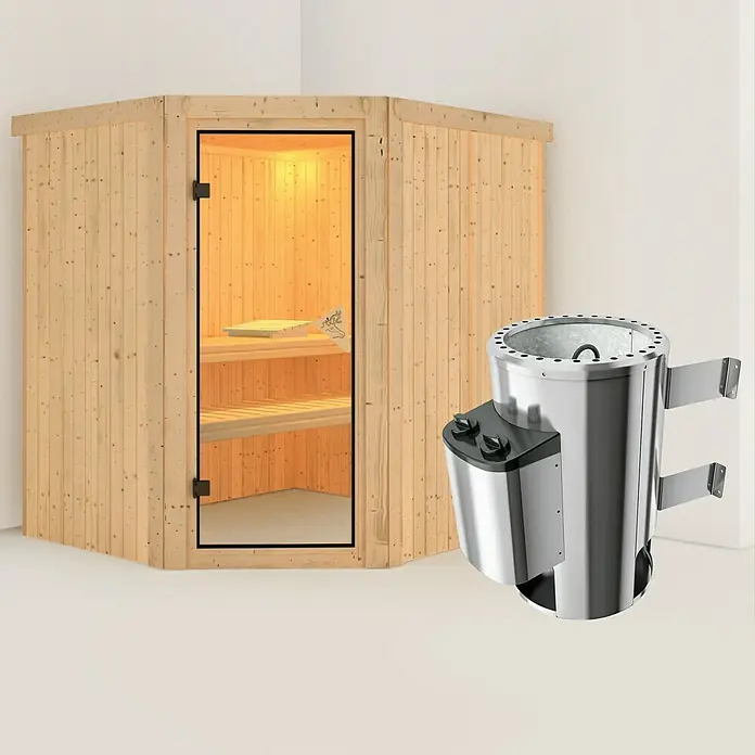 Karibu Elementsauna Lilja - Mit 3,6 kW Ofen mit integrierter Steuerung, Ohne Dachkranz, L x B x H: 196 x 170 x 192 cm - Produktabbildung einer Ecksauna aus Holz mit Glastür und einem Saunaofen aus Edelstahl für ein entspannendes Saunaerlebnis.