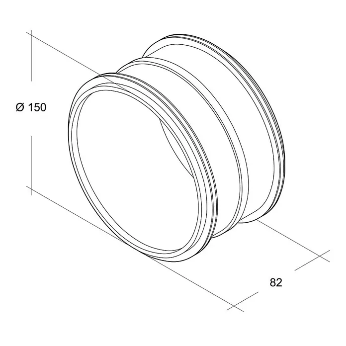 Air-Circle Wickelfalzrohr-Verbinder - Durchmesser: 150 mm, Stahl - Eine technische Zeichnung eines runden Verbindungsstücks mit den Maßen Ø 150 und 82 für industrielle Anwendungen.
