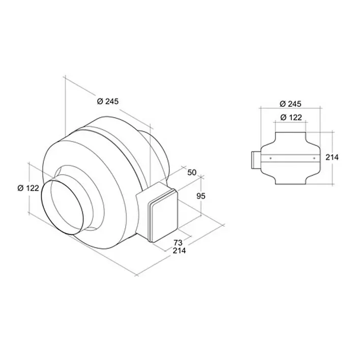 Air-Circle Rohrradialventilator - Silber, 12,5 cm, Luftleistung: 325 m³/h - Bild einer Rohrbelüftung mit den Maßen Ø 245 und Ø 122, die technischen Details des Produkts hervorheben.