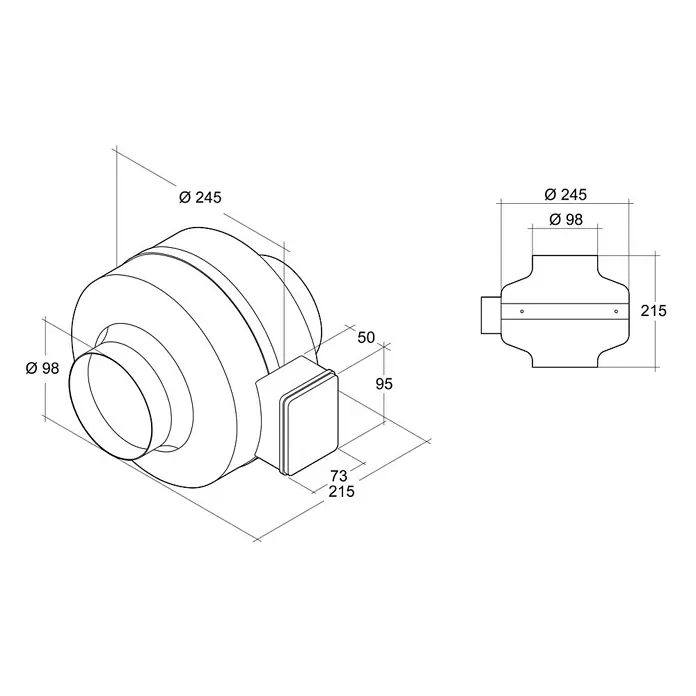 Air-Circle Rohrradialventilator - Silber, 10 cm, Luftleistung: 250 m³/h - Abbildung eines Kanalventilators mit den Maßen Ø 245 und Ø 98, sowie einem rechteckigen Kasten mit den Maßen 73 x 215 und einer Höhe von 95.
