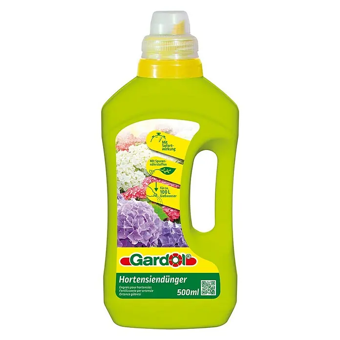 Gardol Hortensiendünger - 500 ml, Max. ausreichend für Flüssigkeitsmenge: 100 l - Bild einer Flasche Gardol Hortensiendünger mit Produktinformationen und einem Griff.