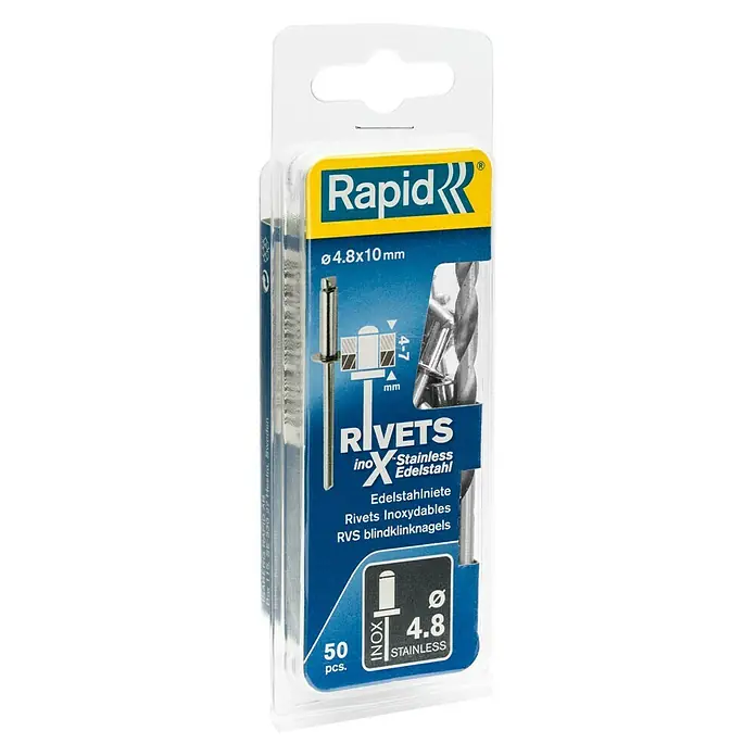 Rapid Blindniete - Nietdurchmesser: 4,8 mm, Nietlänge: 10 mm, 50 Stk. - Rapid Edelstahl Blindnieten, 4,8x10mm, 50 Stück Packung. Ideal für robuste Verbindungen im Innen- und Außenbereich.