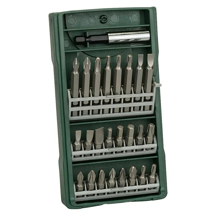 Bosch X - Line Mini Bit-Set - 25 -tlg. - Ein Set mit Schraubendreher-Bits in verschiedenen Größen und Formen in einem grünen Koffer.