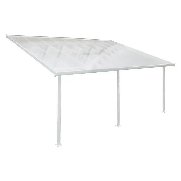 Solid Elements Terrassenüberdachung Martina - B x T: 606 x 400 cm, Verkehrsweiß, Polycarbonat, Transparent - Diese Aufnahme zeigt ein modernes, weißes Carport. Die Überdachung ist lichtdurchlässig und wird von schlanken Säulen getragen.