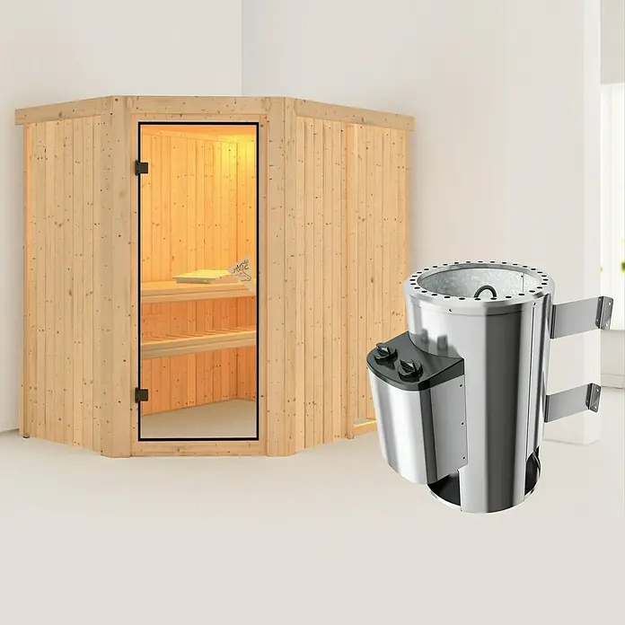 Karibu Massivholzsauna Saja - Mit 3,6 kW Ofen mit integrierter Steuerung, Ohne Dachkranz, L x B x H: 151 x 196 x 192 cm - Eine Sauna mit Holzverkleidung und ein danebenstehender Saunaofen aus Edelstahl.
