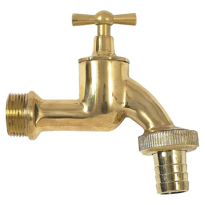 Auslaufhahn - Messing, Gewindegröße Wasserhahn: ¾″ - Detailaufnahme eines goldenen Wasserhahns mit Gewindeanschluss und geriffeltem Auslauf vor schwarzem Hintergrund.