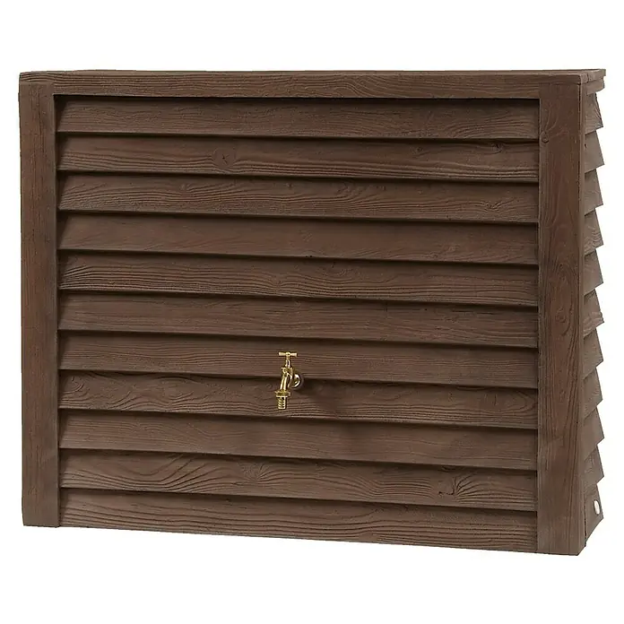 Garantia Exklusive Line Regenspeicher Woody - 350 l, Darkwood - Ein brauner Wasserbehälter mit Holzstruktur und einem goldenen Wasserhahn. Das Produkt ist für den Garten konzipiert.