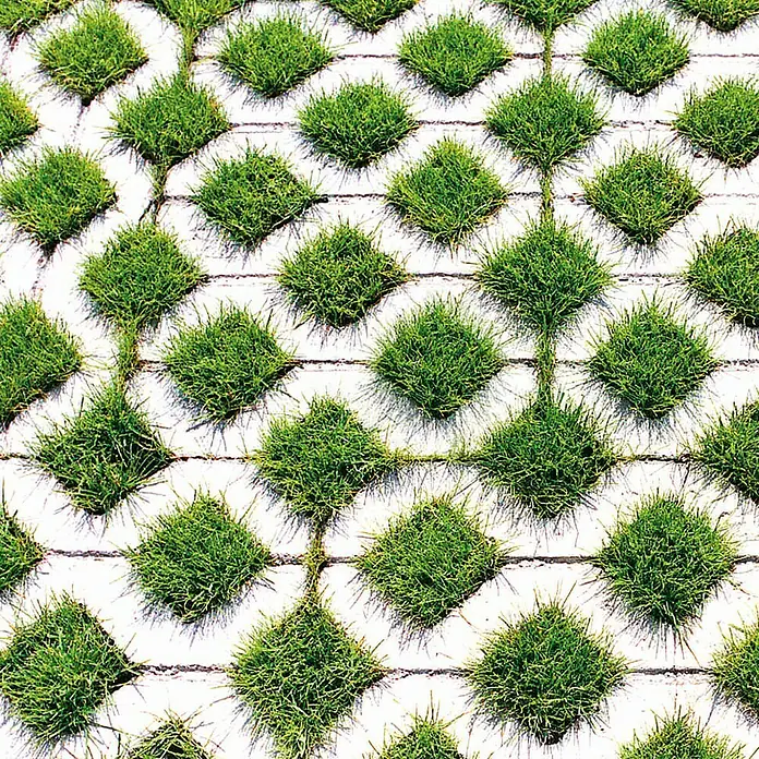EHL Rasengitterstein - L x B x S: 61 x 40,5 x 8 cm, Grau, Beton - Rasenziegelsteine mit grünen Grasbüscheln, die ein geometrisches Muster bilden, ideal für umweltfreundliche Flächengestaltung.