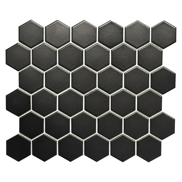 Mosaikfliese Hexagon Uni HX 095 - 32,5 x 28,1 cm, Schwarz, Matt - Schwarzes, hexagonales Mosaikfliesenmuster, ideal für moderne Wand- und Bodengestaltungen, die eine elegante und stilvolle Note verleihen.