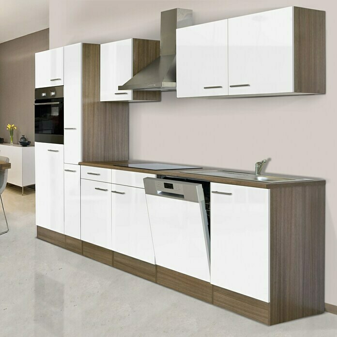 Respekta Composición de cocina (Ancho: 310 cm, Con dispositivos eléctricos, Brillo satinado blanco)
