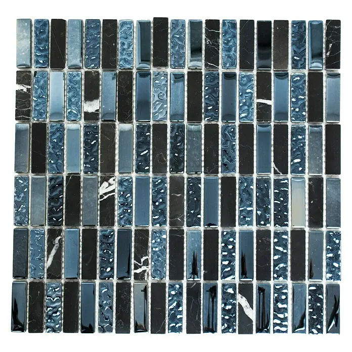 Mosaikfliese Stäbchen Crystal Mix XCM SM86 - 32,2 x 31 cm, Grau/Schwarz, Glänzend - Elegante Mosaikfliesen in Blau- und Schwarztönen. Ideal für stilvolle Wand- und Bodengestaltungen, die einen modernen Akzent setzen.