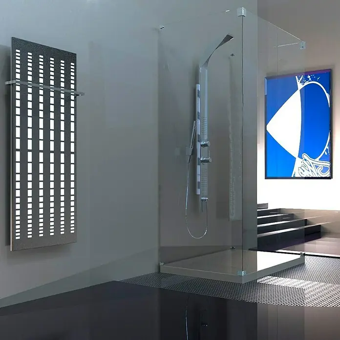 Szagato Designheizkörper Broken Mirror 2 - B x H: 470 x 1.200 mm, Wärmeleistung bei Vorlauftemperatur von 75 °C (D: 50): 799 W, Mit 1 Handtuchhalter (15 mm) - Modernes Badezimmer-Design mit einer stilvollen Duschkabine, einem Handtuchwärmer mit LED-Beleuchtung und einem abstrakten Kunstwerk.