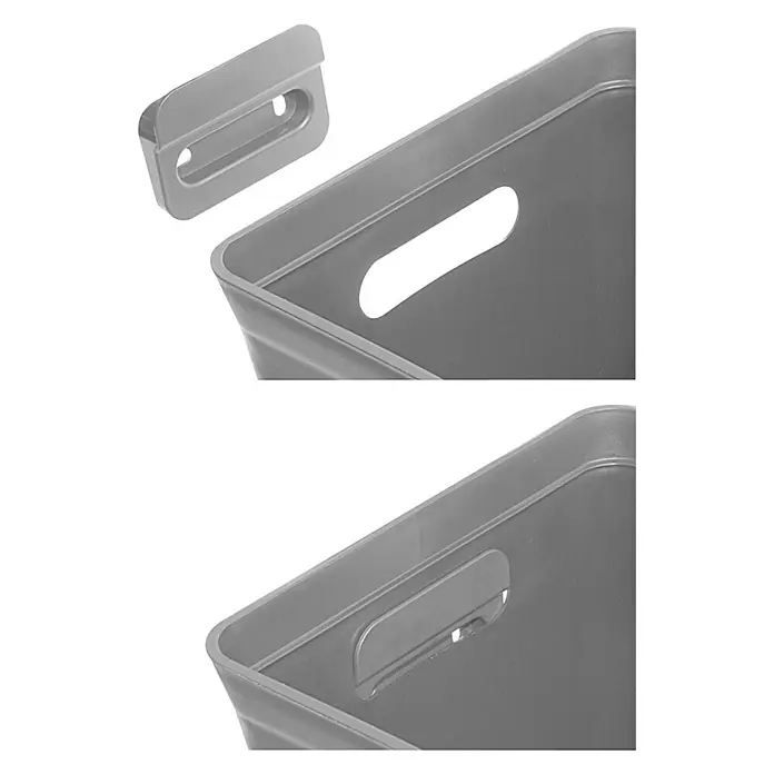 Standard-Mülleimer Spange für Einbau Avedore - Kunststoff, Grau - Detailaufnahme eines grauen Aufbewahrungskorbs mit Griffmulde und einem abnehmbaren Griffstück, das die Nutzung erleichtert.