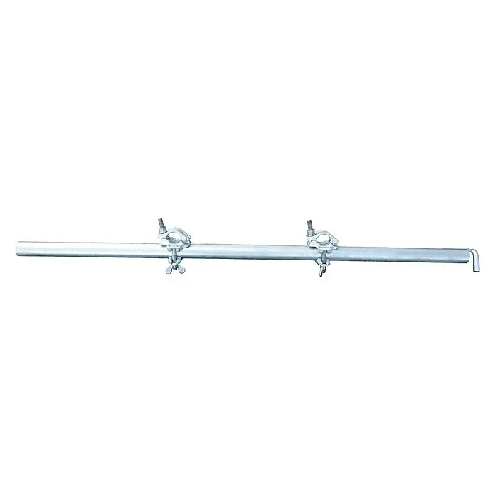 Krause Stabilisierungs-Set - Länge: 1,2 m - Graues horizontales Rohr mit zwei Rohrschellen und abgewinkeltem Ende, ein Bauteil für Baugerüste und temporäre Konstruktionen.