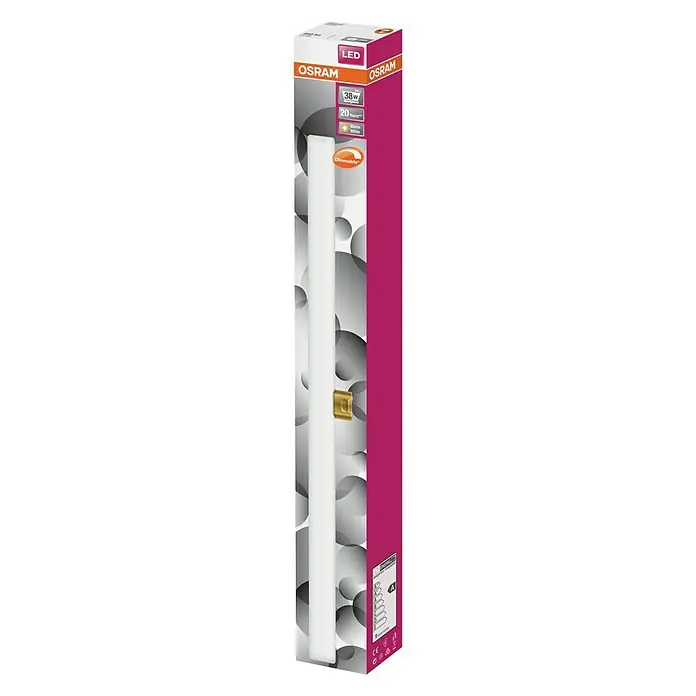 Osram Linienlampe LEDinestra - Länge: 500 mm, Warmweiß, 4,9 W, 470 lm, S14d - Das Bild zeigt eine Osram LED-Röhre in ihrer Verpackung, die Produktinformationen und Designelemente aufweist.