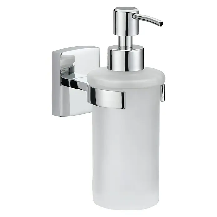 Tesa Bath Dispensador de jabón Klaam - Vidrio, Cromo satinado - Elegante dispensador de jabón de pared con soporte cromado pulido y recipiente de vidrio esmerilado.