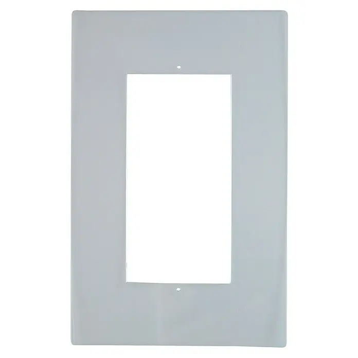 Voltomat Tapetenschoner - 2-fach, Transparent, 2 Stk. - Eine graue, rechteckige Wandschalterabdeckung mit einem rechteckigen Ausschnitt in der Mitte und zwei Löchern für Schrauben.