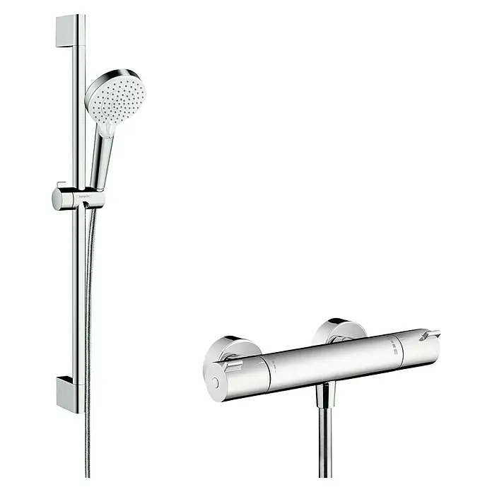 Hansgrohe Crometta Brause-Set Vario/Ecostat 1001 SL - Lochabstand: 62,5 cm, Chrom - Chromfarbene Duschgarnitur mit Thermostatbatterie und Handbrause. Moderne Badarmatur für ein stilvolles Duscherlebnis.