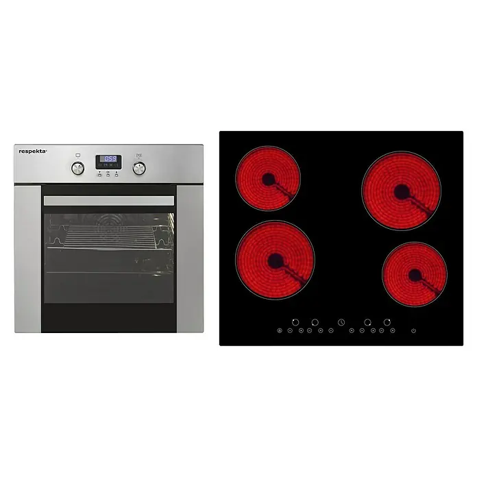 Respekta Premium Küchenzeile GabrielBreite: 290 cm, Weiß, Mit Elektrogeräten - Eingebauter Respekta Backofen mit vier Kochfeldern. Glänzendes Edelstahldesign mit digitaler Anzeige und roten Heizspiralen auf dem Kochfeld.