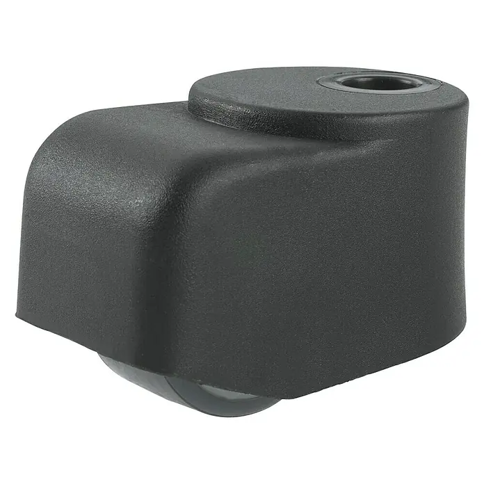 Stabilit Doppelrolle - Durchmesser Rollen: 25 mm, Traglast: 50 kg, Gleitlager, Mit Rückenloch, Durchmesser Rückenloch: 8 mm - Detailaufnahme eines schwarzen Bürostuhl-Rads. Das Rad ist aus robustem Material gefertigt & für verschiedene Bodenbeläge geeignet.
