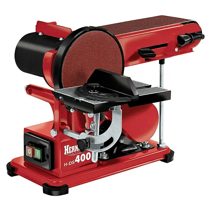 Herkules Band- & Tellerschleifer H-DS 400 - 375 W, Schleifbandgröße: 100 x 915 mm - Rotes Werkstattgerät mit Schleifscheibe und Schleifband für präzises Schleifen von Werkstücken.