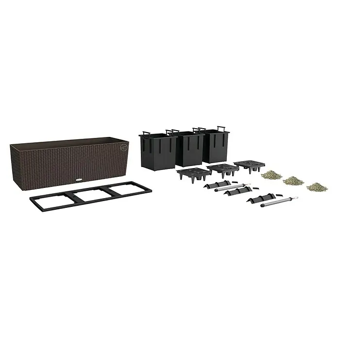 Lechuza Cottage Balkonkasten Trio - Außenmaß (L x B x H): 100 x 32,5 x 34,5 cm, Kunststoff, Mokka - Ein Pflanzkasten-Set mit Einsätzen, Untergestell, Füßen, Füllstandsanzeige und Steinchen zur Dekoration. Ideal für den Garten.