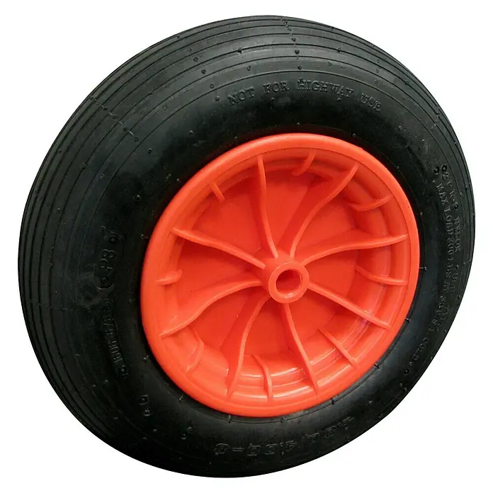 Stabilit Luftrad - Durchmesser: 400 mm, Traglast: 200 kg, Nabenbreite: 72 mm, Rillenprofil - Schwarzes Schubkarrenrad mit orangefarbener Felge. Perfekt für Gartenarbeiten, jedoch nicht für den Einsatz auf Autobahnen geeignet.