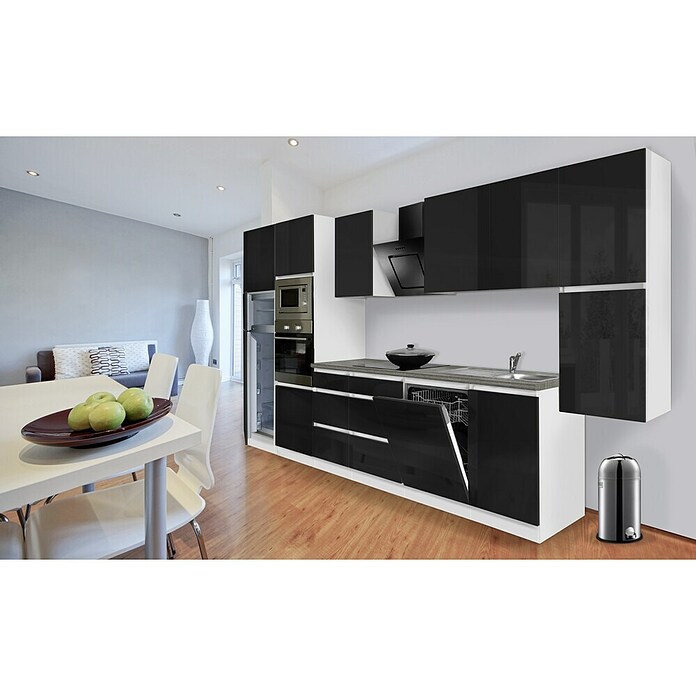 Respekta Premium Küchenzeile GLRP395HWSGKE (Breite: 395 cm, Mit Elektrogeräten, Schwarz Hochglanz)