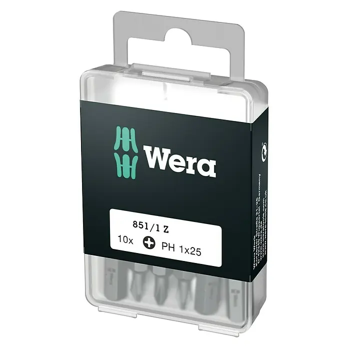 Wera Bit-Box 851/1 - PH 1, 10 -tlg. - Wera 851/1 Z Phillips-Bit-Set, 10-teilig, PH 1x25, ideal für professionelle Anwender und Heimwerker, verpackt in einer praktischen Kunststoffbox.