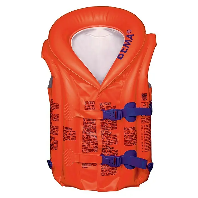 Bema Schwimmweste - Geeignet für: Kinder von 15 bis 30 kg, Orange - Orangefarbene aufblasbare Schwimmweste mit blauen Schnallen, die für Sicherheit im Wasser konzipiert ist.