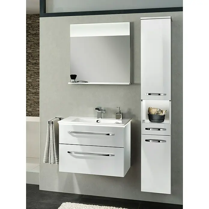 Camargue Star Hochschrank - 30,4 x 32,5 x 181,6 cm, Weiß, DIN Anschlag: Links - Elegantes Badezimmer-Set mit weißem Waschtischunterschrank, Spiegelschrank und Hochschrank. Die modernen Möbel sind platzsparend und stilvoll.