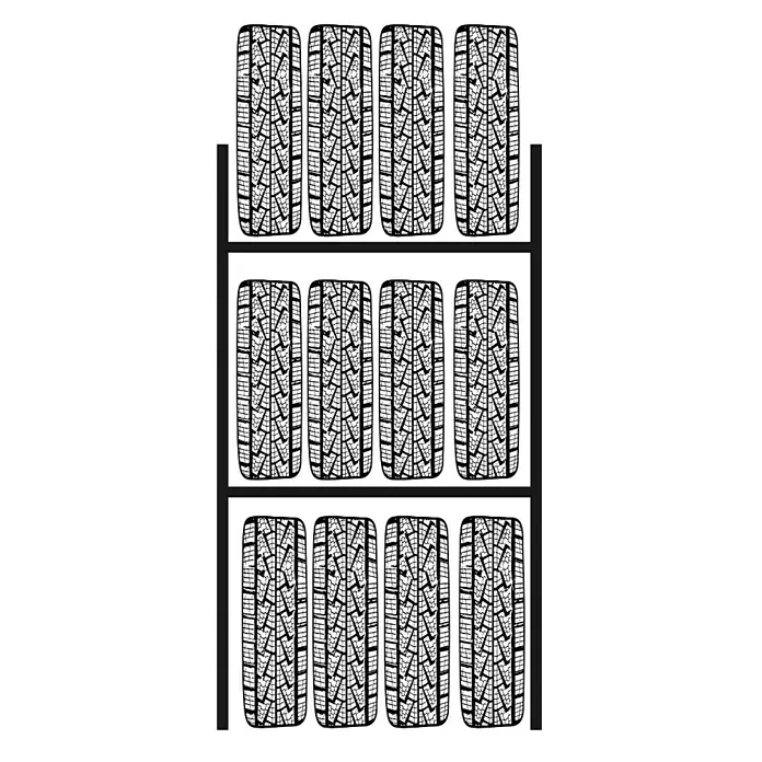 Scholz System Reifenregal - H x B x T: 192 x 105 x 32 cm, Traglast pro Träger: 150 kg, Anzahl Böden: 1 Stk., Stecken, Silber - Ein Reifenregal mit zwölf Reifen in drei Reihen. Ideal für die Lagerung von Winter- oder Sommerreifen in der Garage oder Werkstatt.