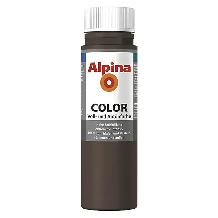 Alpina Vollton- & Abtönfarbe Color - Choco Brown, Matt, 250 ml, Lösemittelfrei - Eine Flasche Alpina Color Voll- und Abtönfarbe in Braun, ideal zum Malen und Basteln im Innen- und Außenbereich, mit hoher Farbbrillanz.