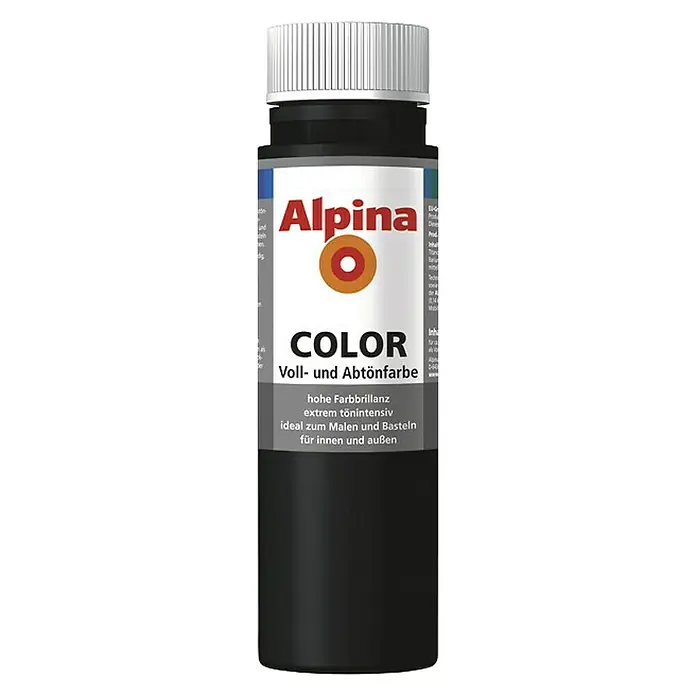 Alpina Vollton- & Abtönfarbe Color - Night Black, Matt, 750 ml, Lösemittelfrei - Abbildung einer Flasche Alpina Color Voll- und Abtönfarbe, ideal zum Malen und Basteln im Innen- und Außenbereich, mit hoher Farbbrillanz.