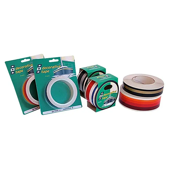 Wasserlinienband - Blau, 3 Stk. - Produktansicht von dekorativen Klebebändern in verschiedenen Farben und Verpackungen, ideal zum Verzieren.