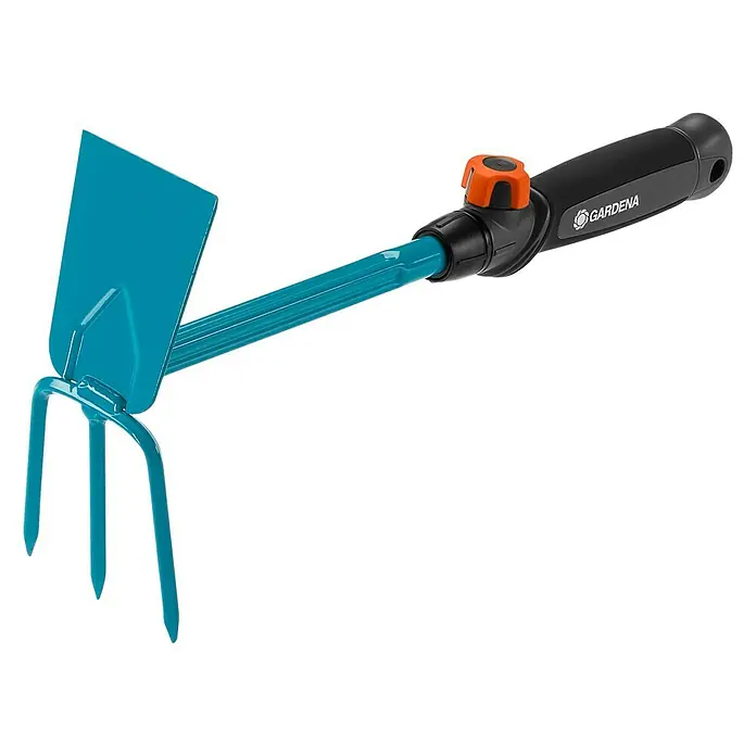 Gardena Combisystem Kleinhacke - Arbeitsbreite: 6,5 cm, Blattform: Gerade, Anzahl Zinken: 3 - Gartengerät der Marke Gardena, bestehend aus einer Hacke und einem Grubber in Blau und Schwarz, ideal für Gartenarbeiten.